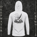 Aluminum Deepwater Crew Co. Fast & Free UPF 50+ performance hoodie, back view with large sailboat, ocean wave and compass graphic featuring “Sail Fast Live Slow” lettering.