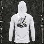 Aluminum Deepwater Crew Co. Fast & Free UPF 50+ performance hoodie, back view with large sailboat, ocean wave and compass graphic featuring “Sail Fast Live Slow” lettering.