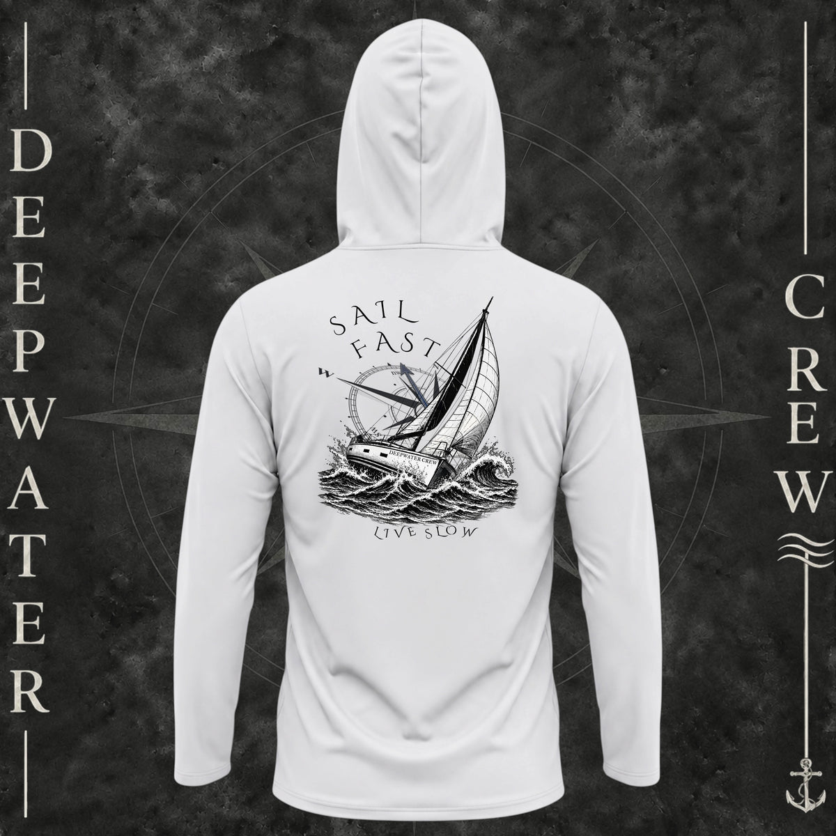 Aluminum Deepwater Crew Co. Fast & Free UPF 50+ performance hoodie, back view with large sailboat, ocean wave and compass graphic featuring “Sail Fast Live Slow” lettering.