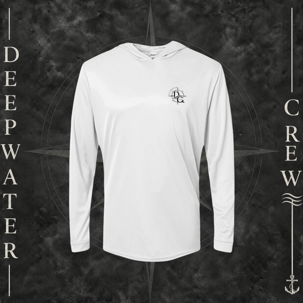 Aluminum Deepwater Crew Co. Fast & Free UPF 50+ performance hoodie, front view with small DC compass crest chest logo.