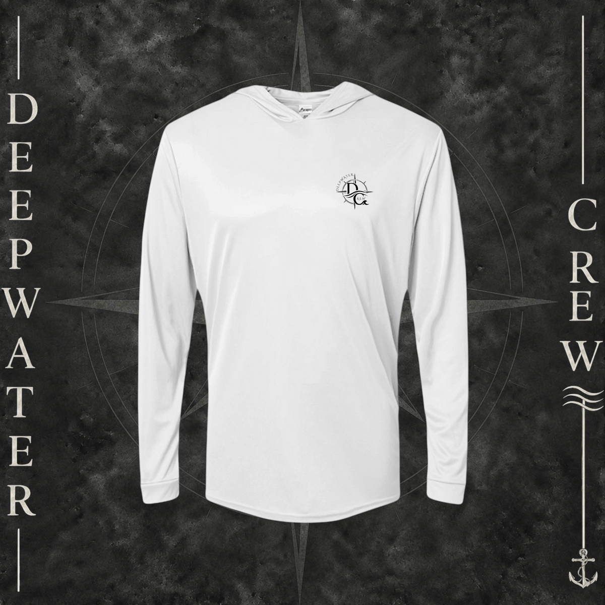 Aluminum Deepwater Crew Co. Fast & Free UPF 50+ performance hoodie, front view with small DC compass crest chest logo.