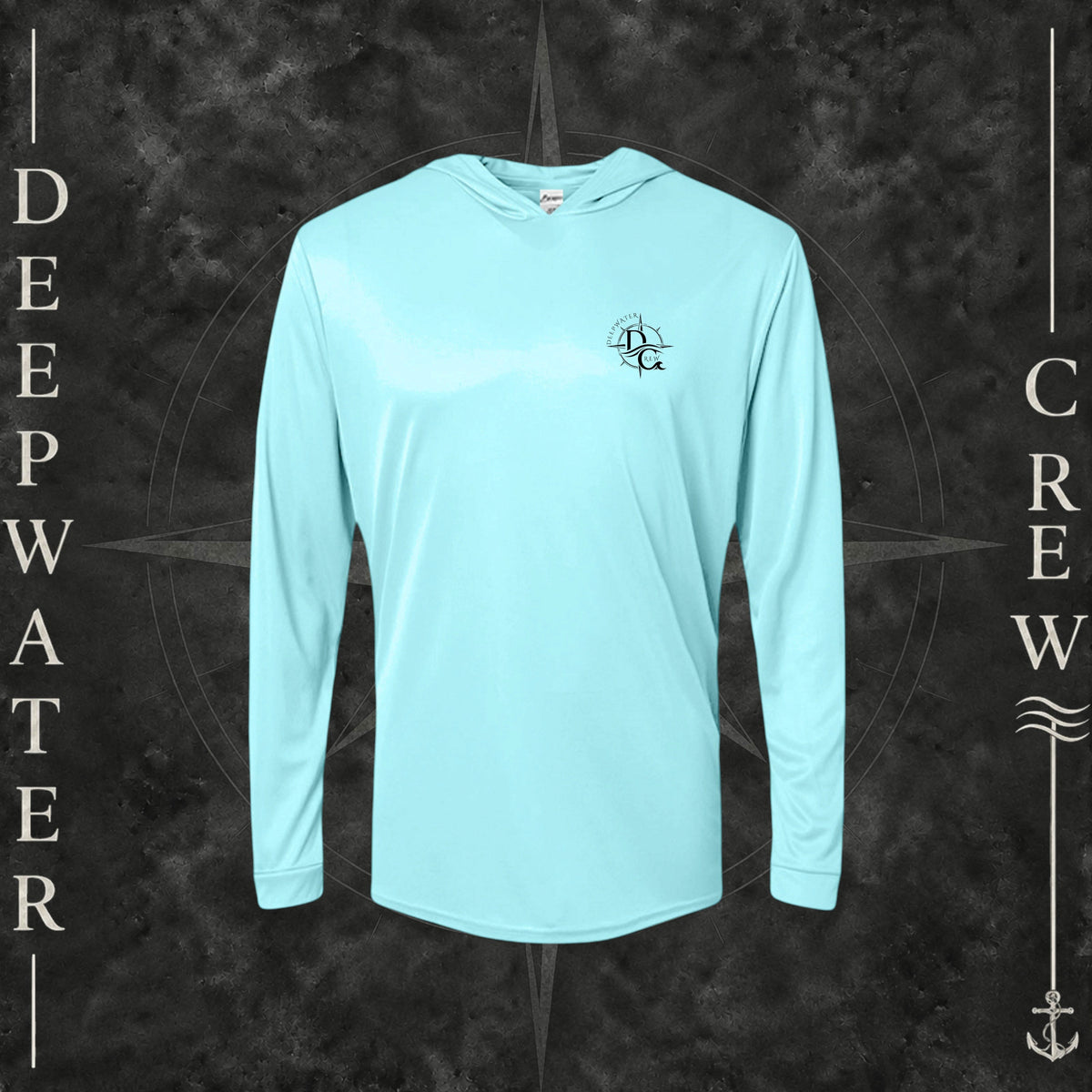 Aqua Blue Deepwater Crew Co. Fast & Free UPF 50+ performance hoodie, front view with small DC compass crest chest logo.