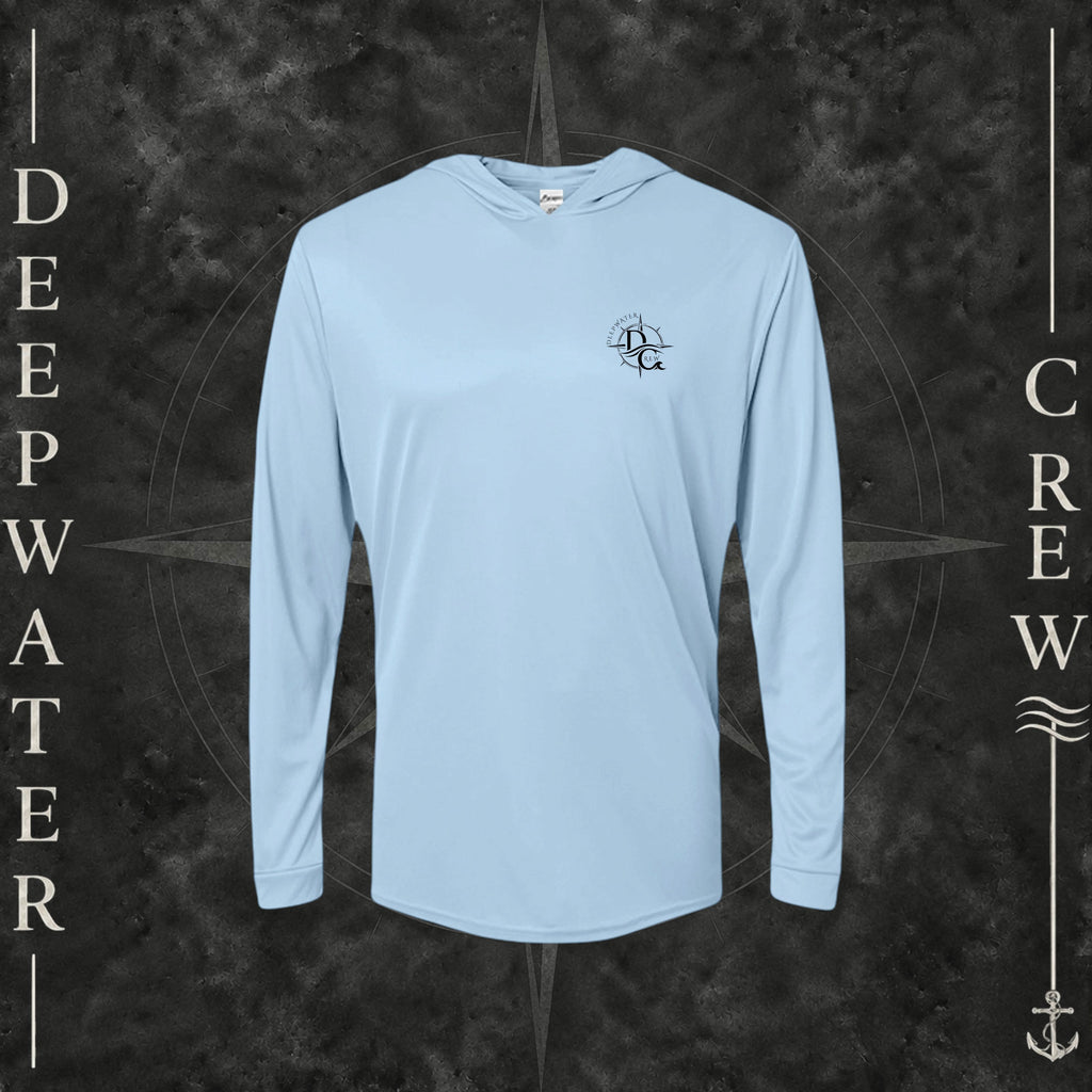 Blue Mist Deepwater Crew Co. Fast & Free UPF 50+ performance hoodie, front view with small DC compass crest chest logo.
