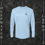 Blue Mist Deepwater Crew Co. Fast & Free UPF 50+ performance hoodie, front view with small DC compass crest chest logo.
