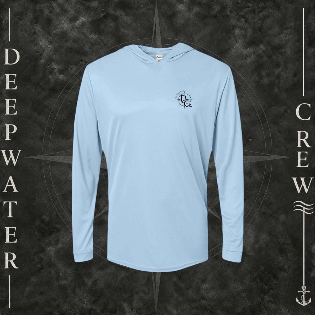 Blue Mist Deepwater Crew Co. Fast & Free UPF 50+ performance hoodie, front view with small DC compass crest chest logo.