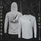 Heather Grey Deepwater Crew Co. Fast & Free UPF 30 performance hoodie showing front and back views, with small DC compass chest logo and large sailboat, ocean wave, and compass graphic featuring “Sail Fast Live Slow” lettering.