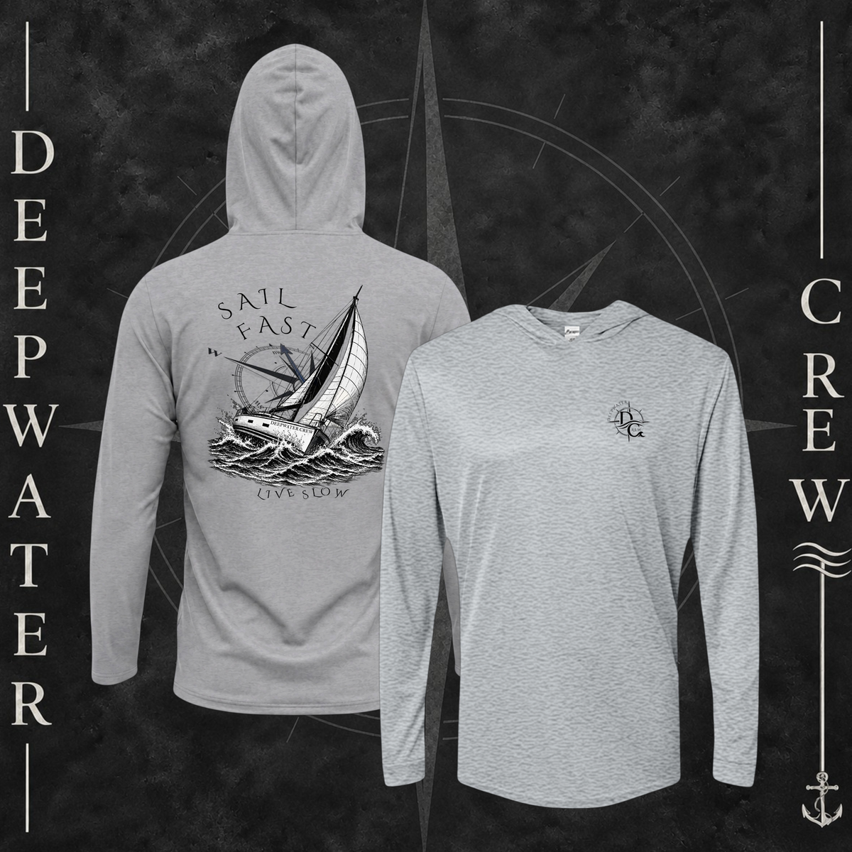 Heather Grey Deepwater Crew Co. Fast & Free UPF 30 performance hoodie showing front and back views, with small DC compass chest logo and large sailboat, ocean wave, and compass graphic featuring “Sail Fast Live Slow” lettering.