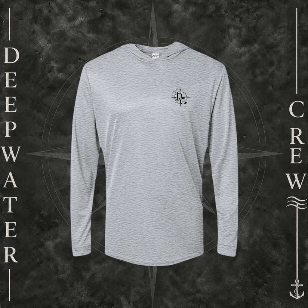 Heather Grey Deepwater Crew Co. Fast & Free UPF 30 performance hoodie, front view with small DC compass crest chest logo.
