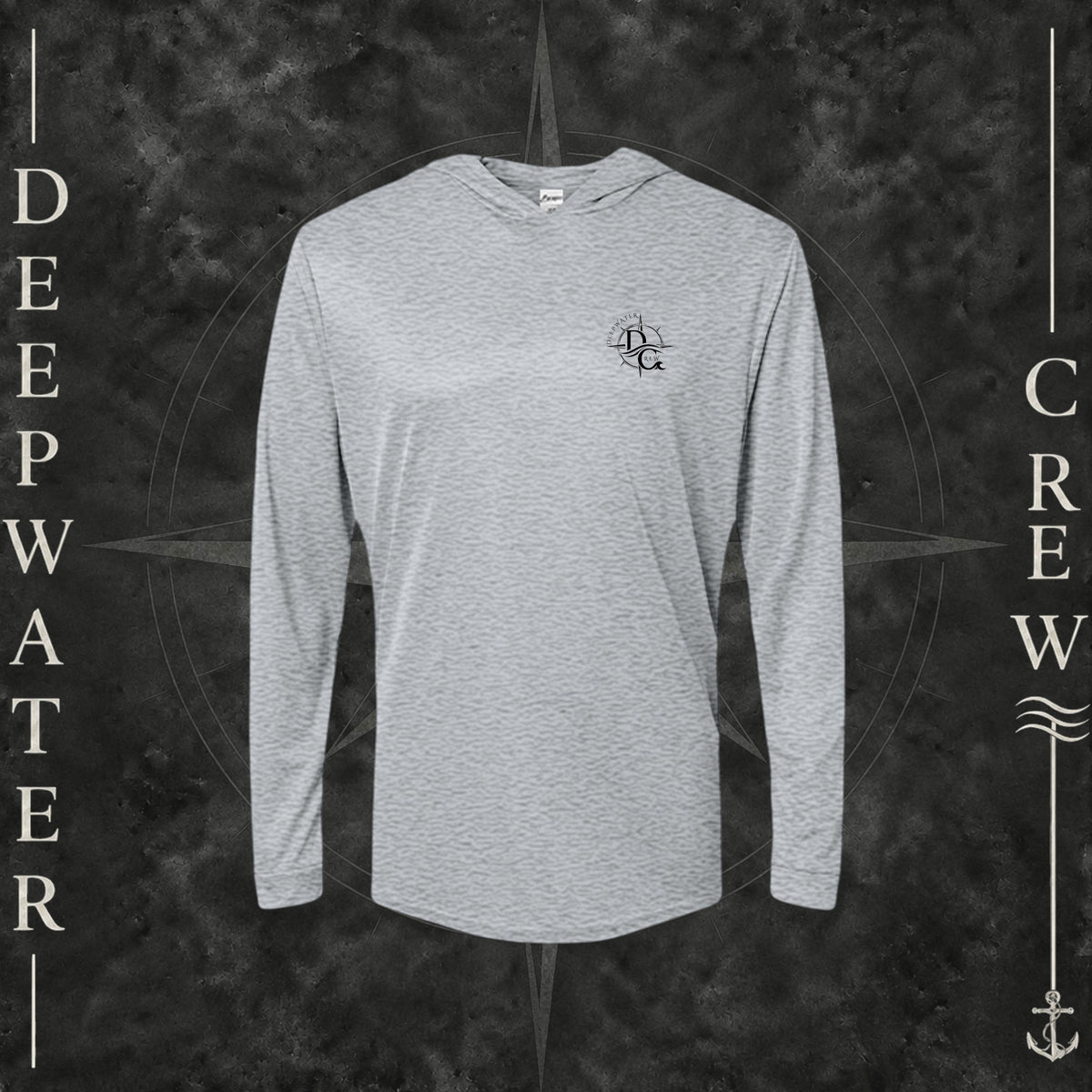 Heather Grey Deepwater Crew Co. Fast & Free UPF 30 performance hoodie, front view with small DC compass crest chest logo.