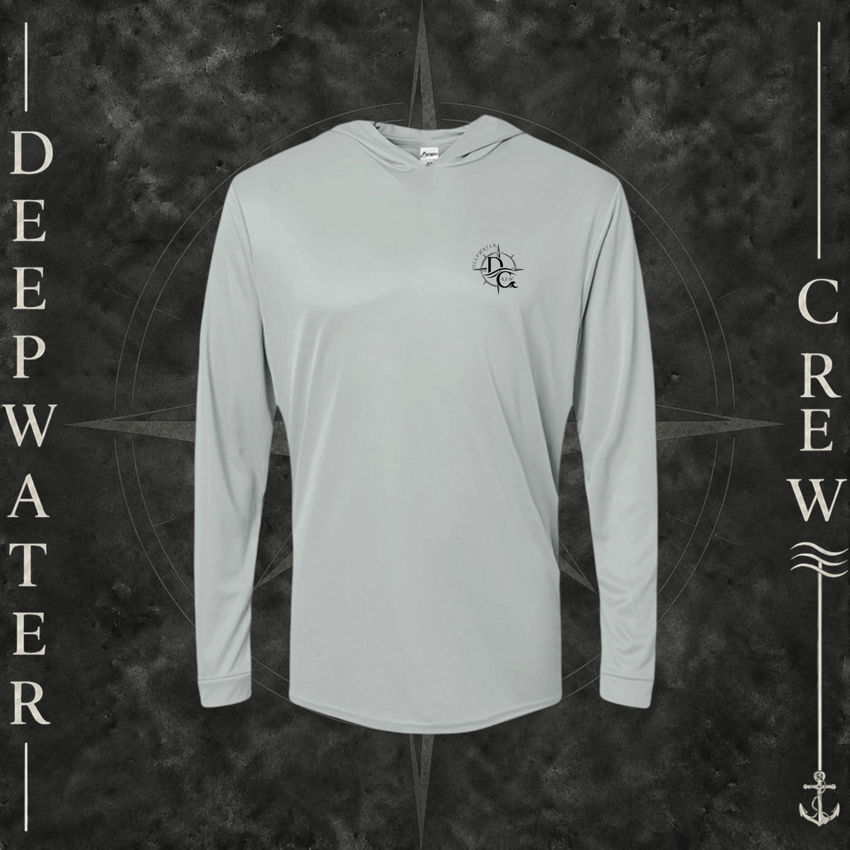 Medium Grey Deepwater Crew Co. Fast & Free UPF 50+ performance hoodie, front view with small DC compass crest chest logo.
