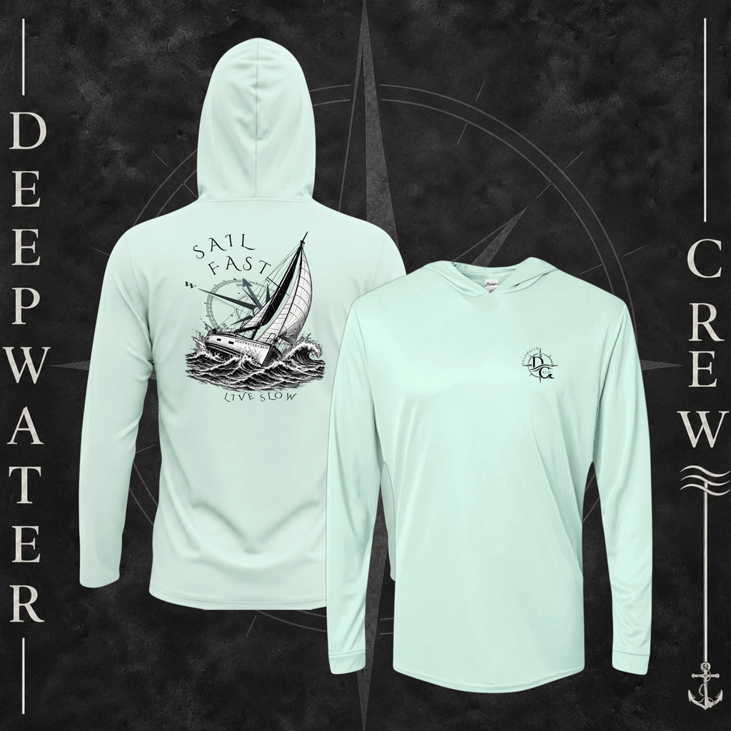 Mint Green Deepwater Crew Co. Fast & Free UPF 50+ performance hoodie showing front and back views, with small DC compass chest logo and large sailboat, ocean wave, and compass graphic featuring “Sail Fast Live Slow” lettering.