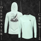 Mint Green Deepwater Crew Co. Fast & Free UPF 50+ performance hoodie showing front and back views, with small DC compass chest logo and large sailboat, ocean wave, and compass graphic featuring “Sail Fast Live Slow” lettering.