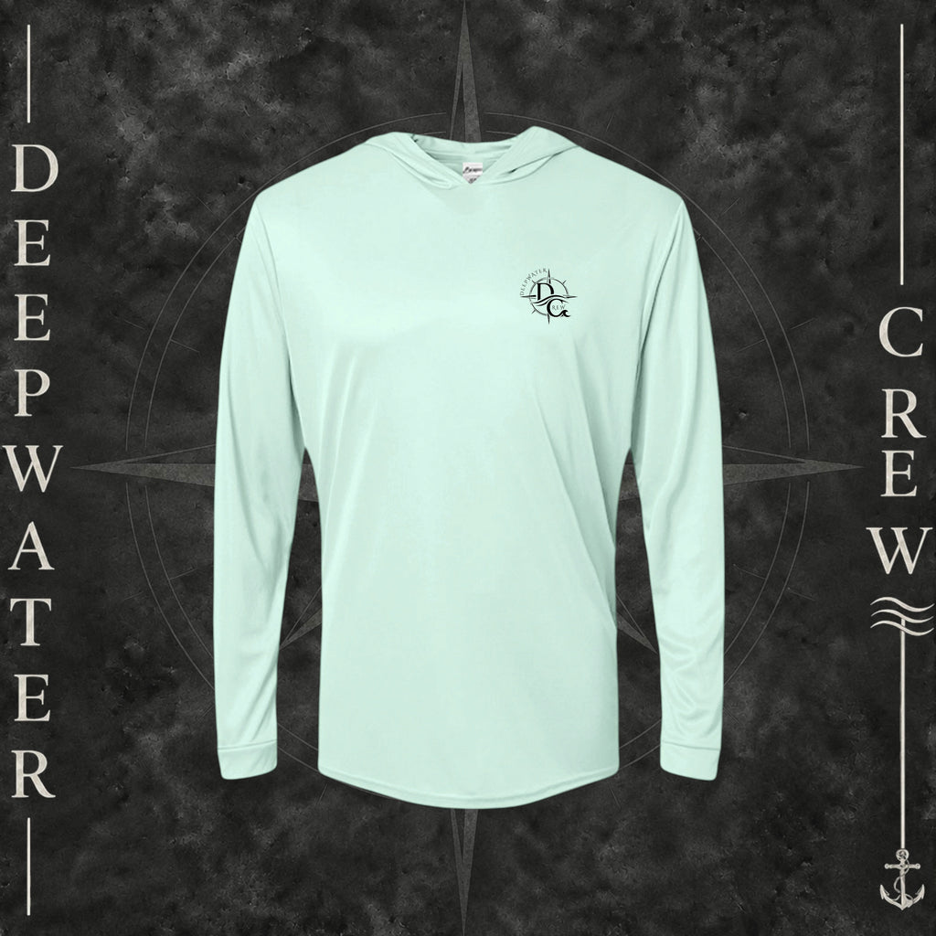 Mint Green Deepwater Crew Co. Fast & Free UPF 50+ performance hoodie, front view with small DC compass crest chest logo.