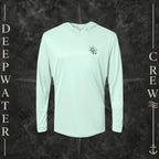 Mint Green Deepwater Crew Co. Fast & Free UPF 50+ performance hoodie, front view with small DC compass crest chest logo.