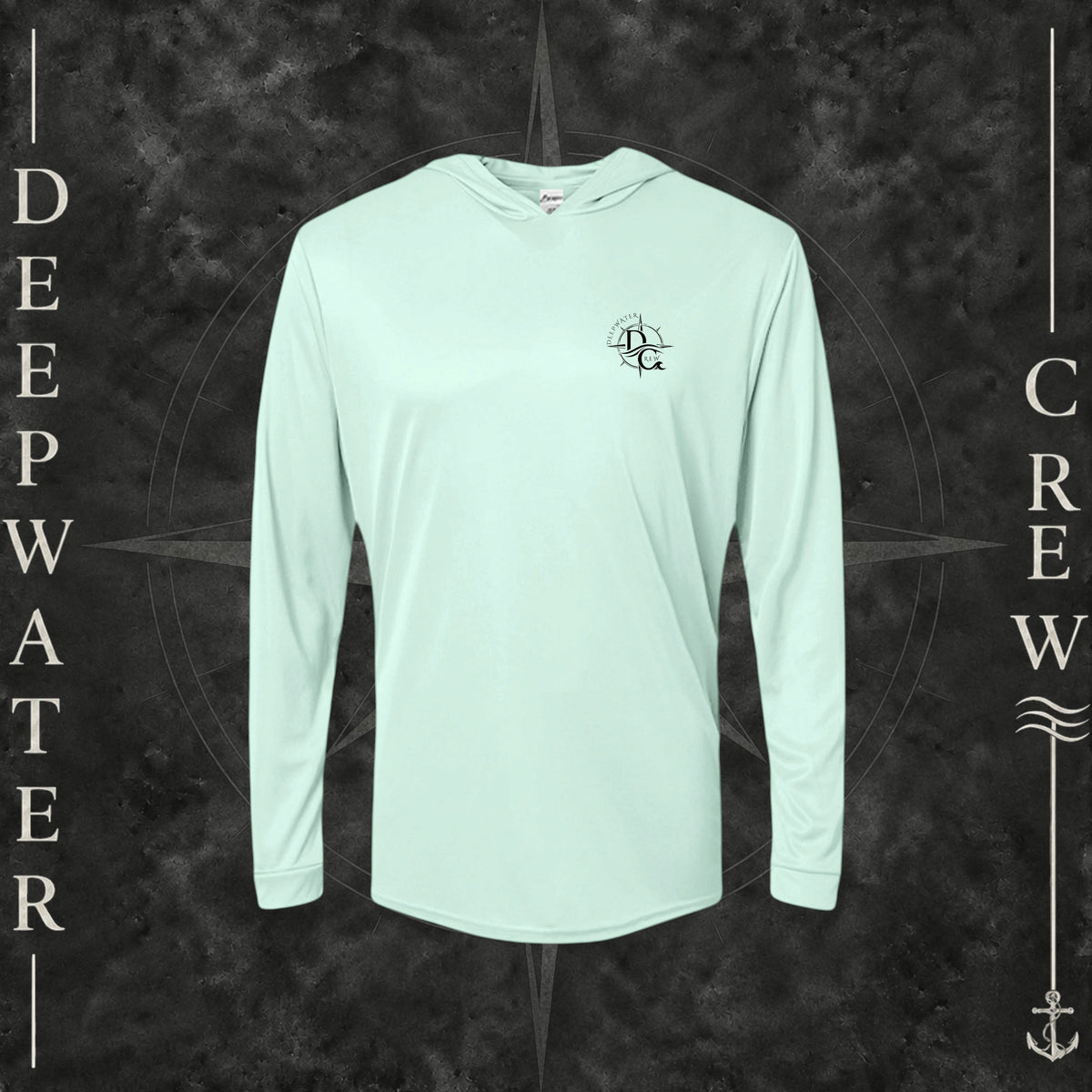 Mint Green Deepwater Crew Co. Fast & Free UPF 50+ performance hoodie, front view with small DC compass crest chest logo.