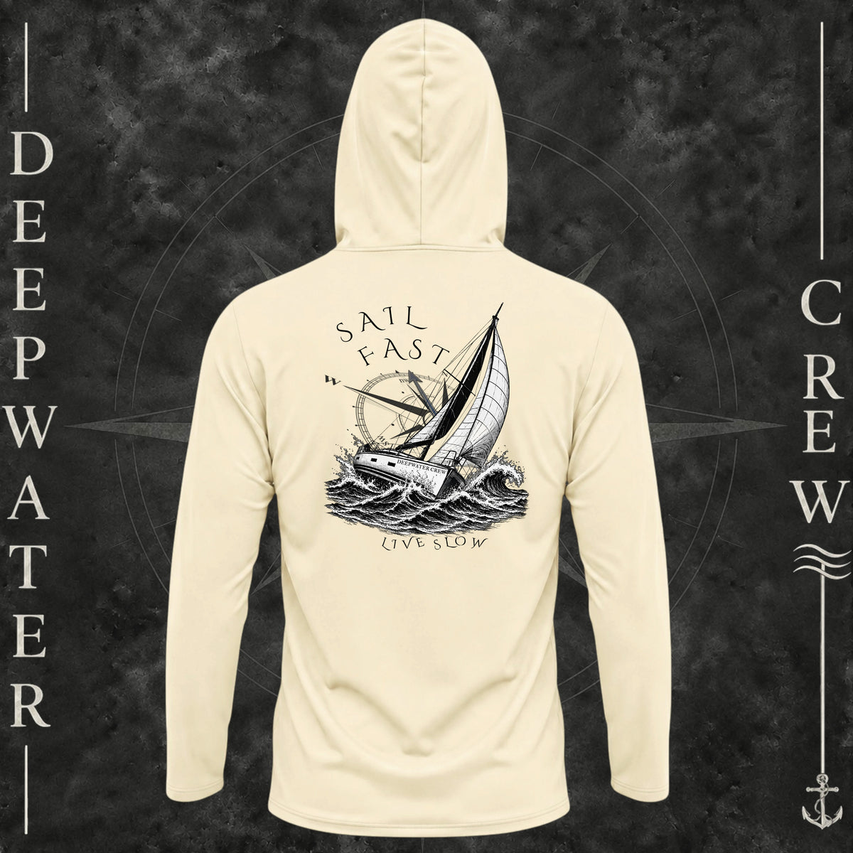 Pale Yellow Deepwater Crew Co. Fast & Free UPF 50+ performance hoodie, back view with large sailboat, ocean wave and compass graphic featuring “Sail Fast Live Slow” lettering.