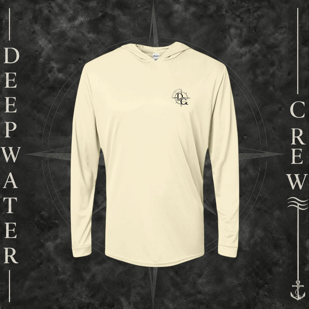 Pale Yellow Deepwater Crew Co. Fast & Free UPF 50+ performance hoodie, front view with small DC compass crest chest logo.