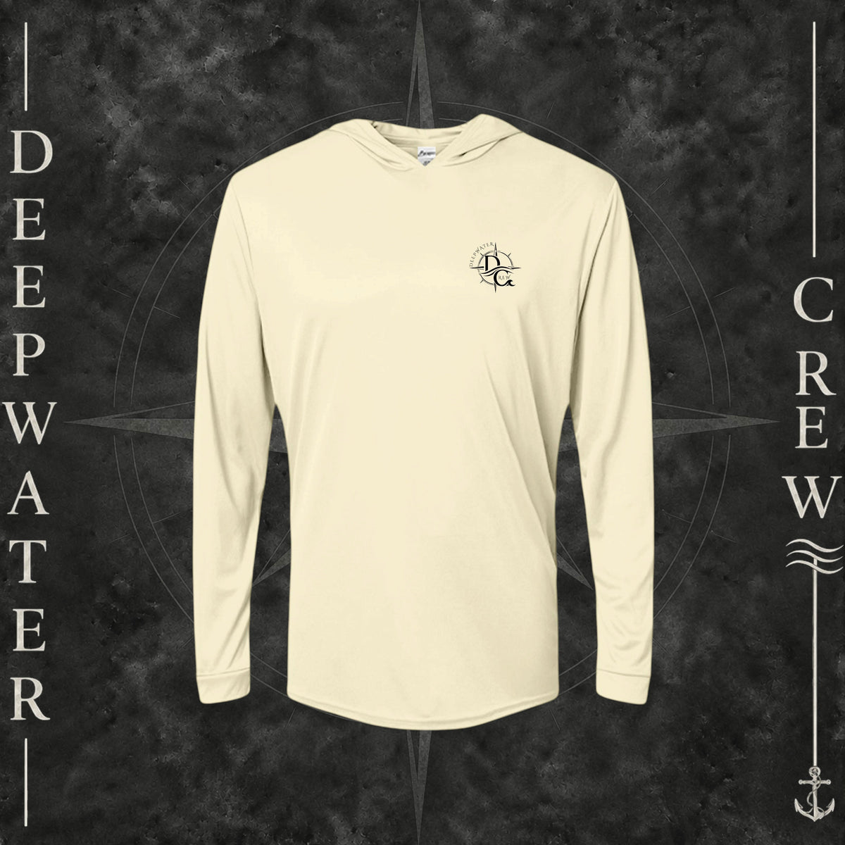 Pale Yellow Deepwater Crew Co. Fast & Free UPF 50+ performance hoodie, front view with small DC compass crest chest logo.