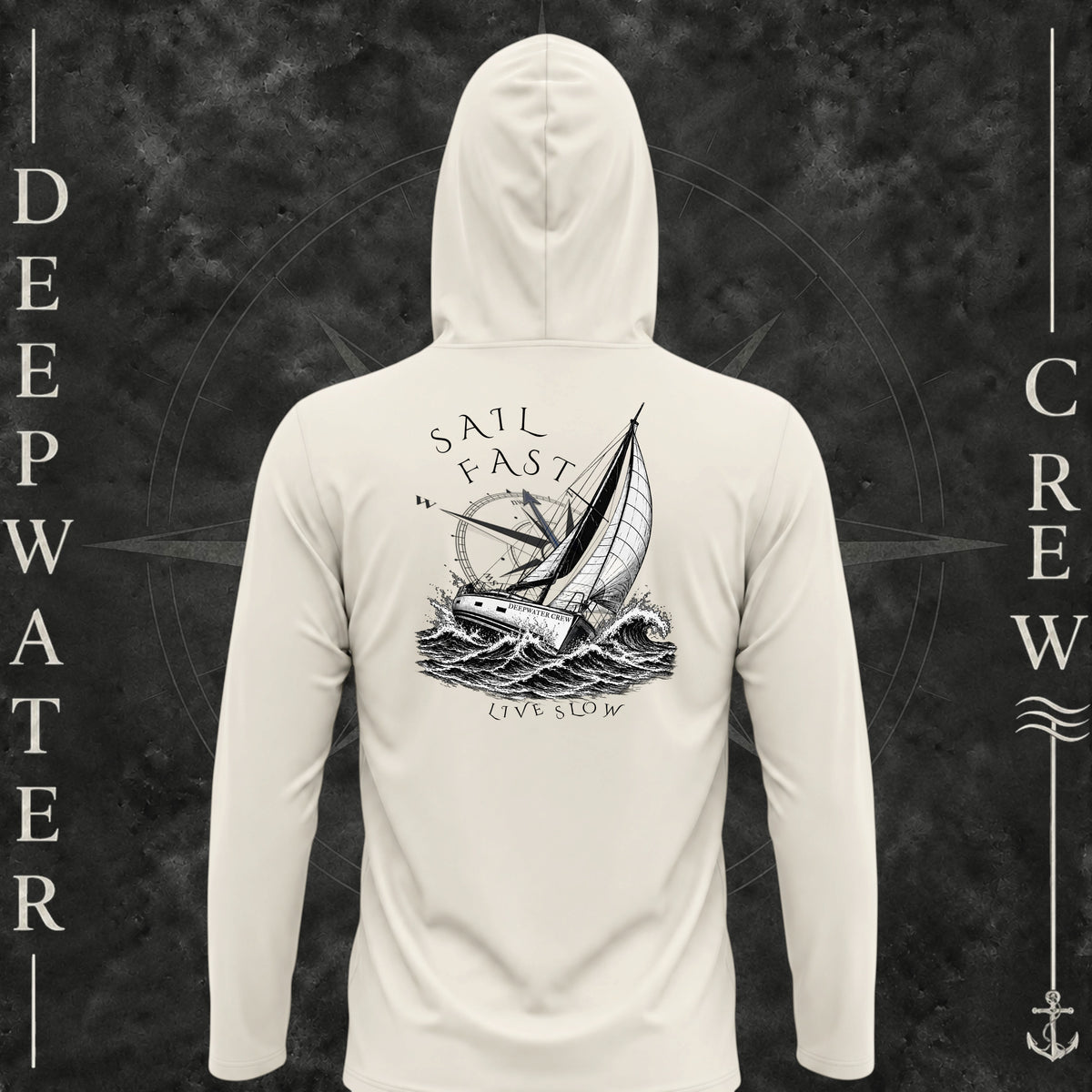 Sand Deepwater Crew Co. Fast & Free UPF 50+ performance hoodie, back view with large sailboat, ocean wave and compass graphic featuring “Sail Fast Live Slow” lettering.