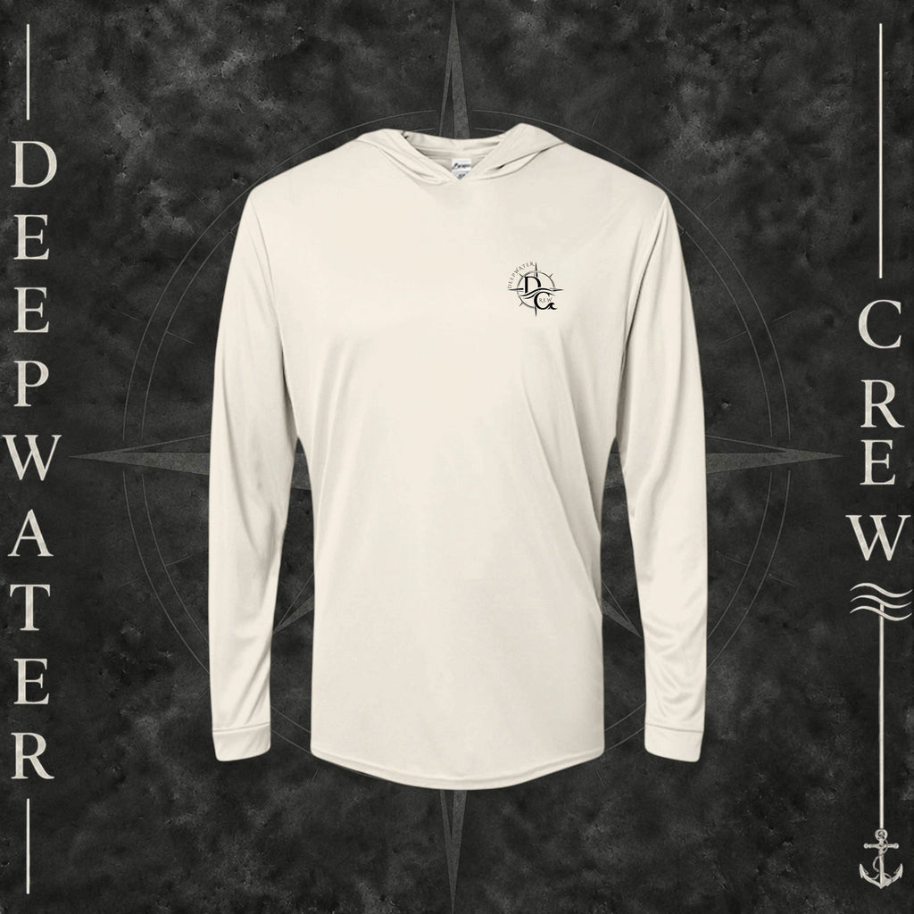 Sand Deepwater Crew Co. Fast & Free UPF 50+ performance hoodie, front view with small DC compass crest chest logo.