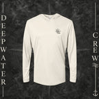 Sand Deepwater Crew Co. Fast & Free UPF 50+ performance hoodie, front view with small DC compass crest chest logo.