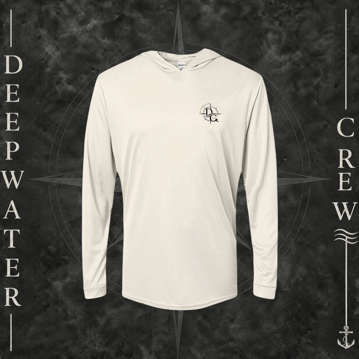 Sand Deepwater Crew Co. Fast & Free UPF 50+ performance hoodie, front view with small DC compass crest chest logo.