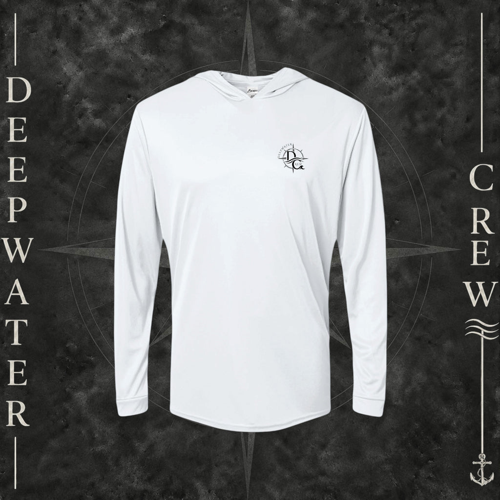 White Deepwater Crew Co. Fast & Free UPF 50+ performance hoodie, front view with small DC compass crest chest logo.