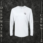White Deepwater Crew Co. Fast & Free UPF 50+ performance hoodie, front view with small DC compass crest chest logo.