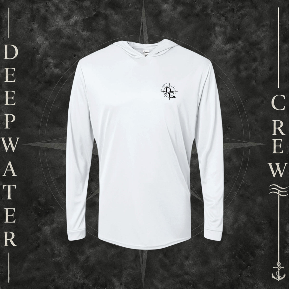 White Deepwater Crew Co. Fast & Free UPF 50+ performance hoodie, front view with small DC compass crest chest logo.