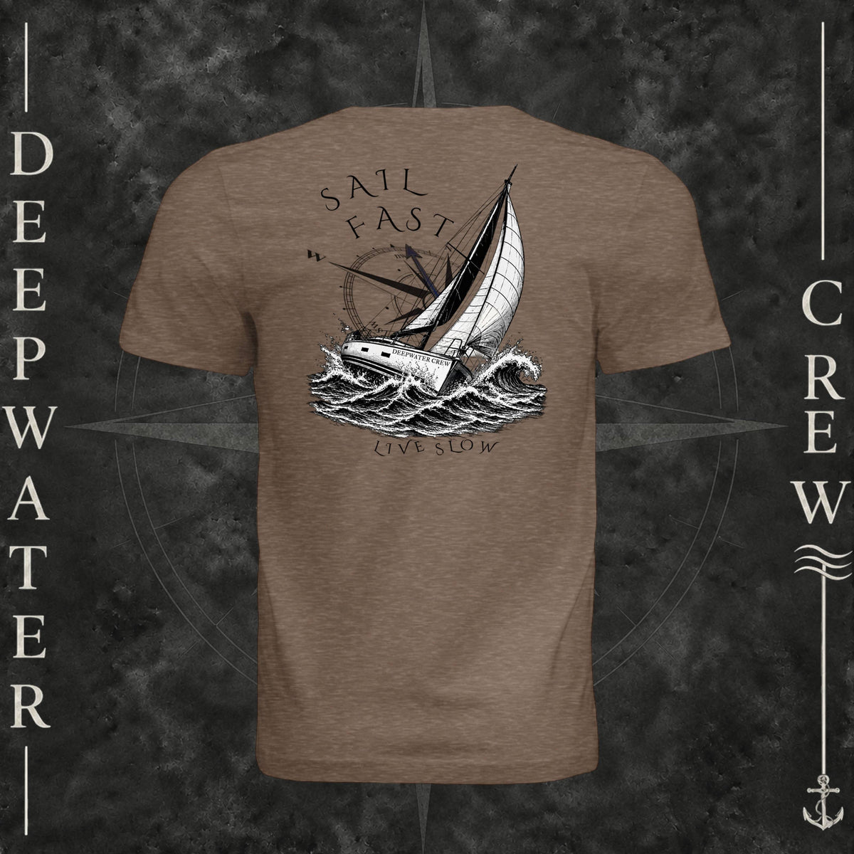 Vintage Brown Deepwater Crew Co. Fast & Free crewneck T-shirt, back view with large sailboat, ocean wave and compass graphic featuring “Sail Fast Live Slow” lettering.