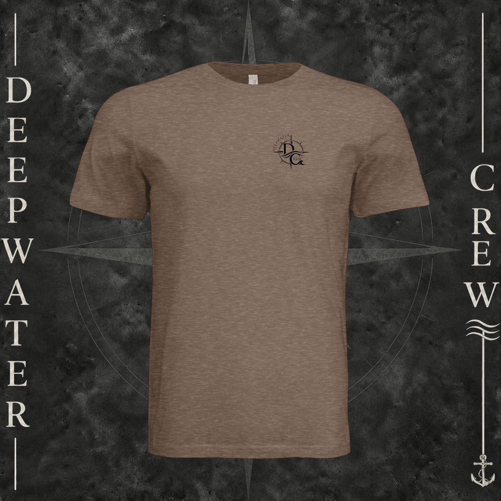 Vintage Brown Deepwater Crew Co. Fast & Free crewneck T-shirt, front view with small DC compass crest chest logo.