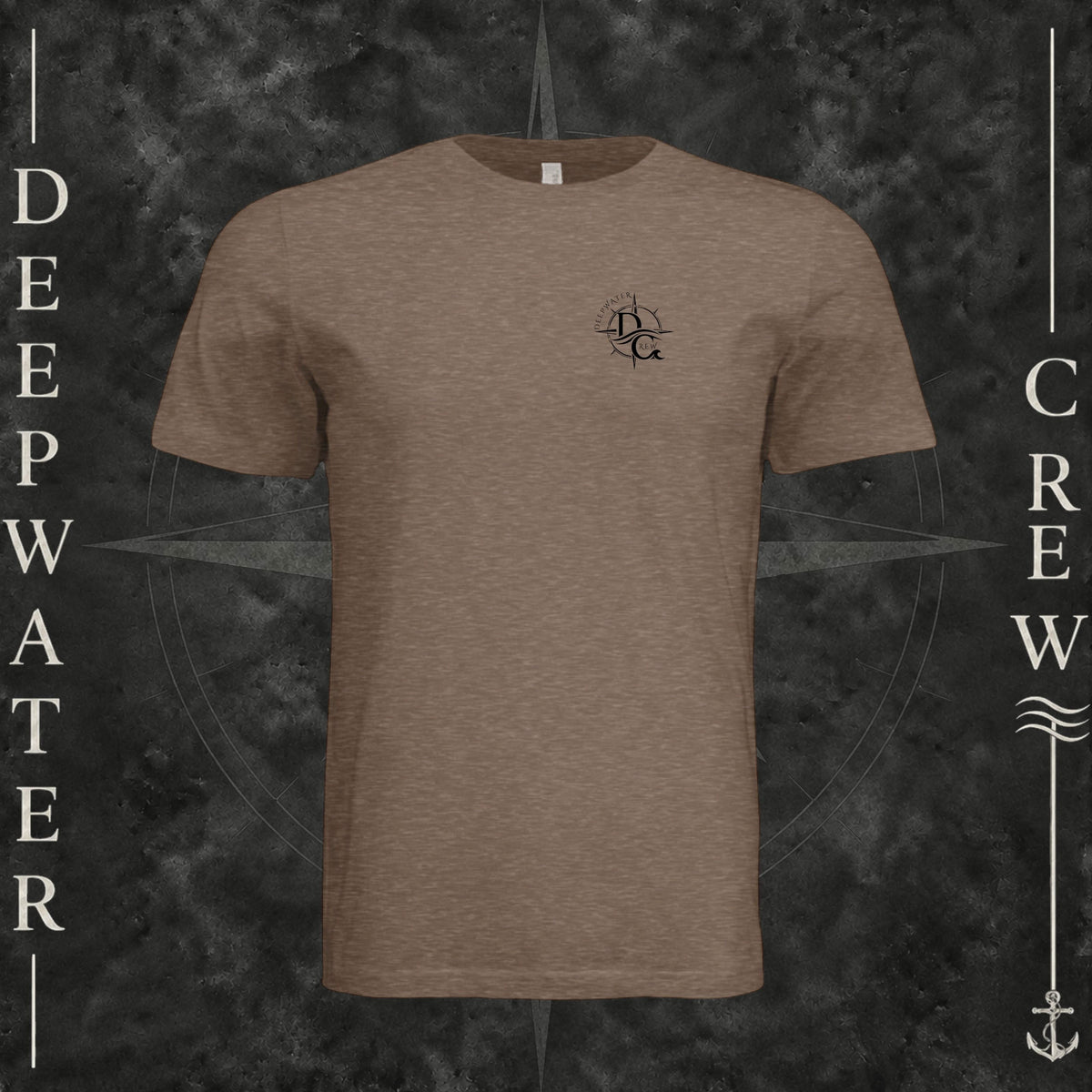 Vintage Brown Deepwater Crew Co. Fast & Free crewneck T-shirt, front view with small DC compass crest chest logo.
