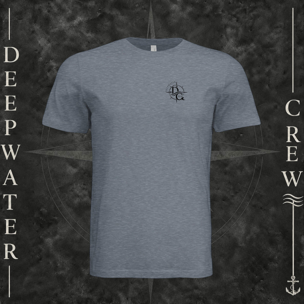 Vintage Denim Deepwater Crew Co. Fast & Free crewneck T-shirt, front view with small DC compass crest chest logo.
