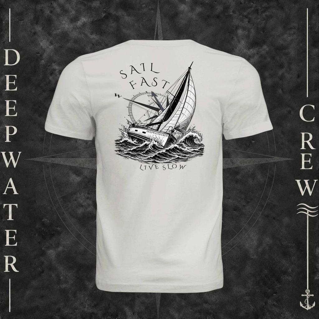 Vintage White Deepwater Crew Co. Fast & Free crewneck T-shirt, back view with large sailboat, ocean wave and compass graphic featuring “Sail Fast Live Slow” lettering.