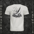Vintage White Deepwater Crew Co. Fast & Free crewneck T-shirt, back view with large sailboat, ocean wave and compass graphic featuring “Sail Fast Live Slow” lettering.