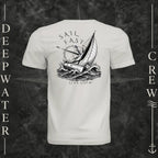 Vintage White Deepwater Crew Co. Fast & Free crewneck T-shirt, back view with large sailboat, ocean wave and compass graphic featuring “Sail Fast Live Slow” lettering.