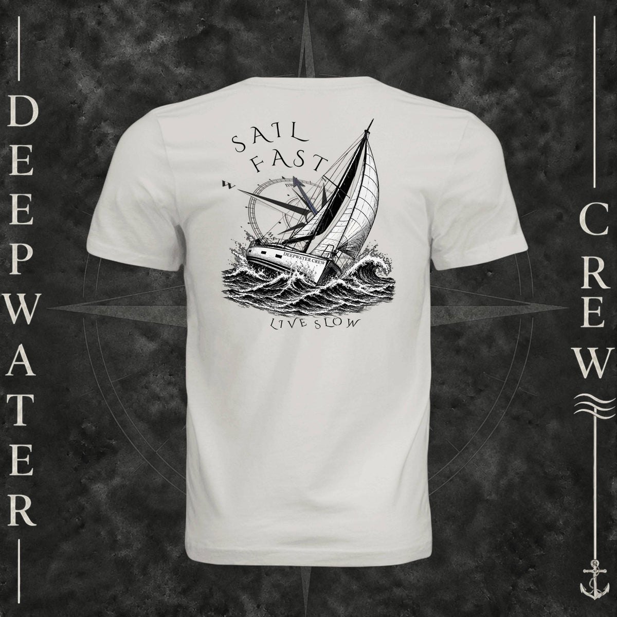 Vintage White Deepwater Crew Co. Fast & Free crewneck T-shirt, back view with large sailboat, ocean wave and compass graphic featuring “Sail Fast Live Slow” lettering.