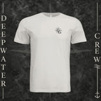 Vintage White Deepwater Crew Co. Fast & Free crewneck T-shirt, front view with small DC compass crest chest logo.