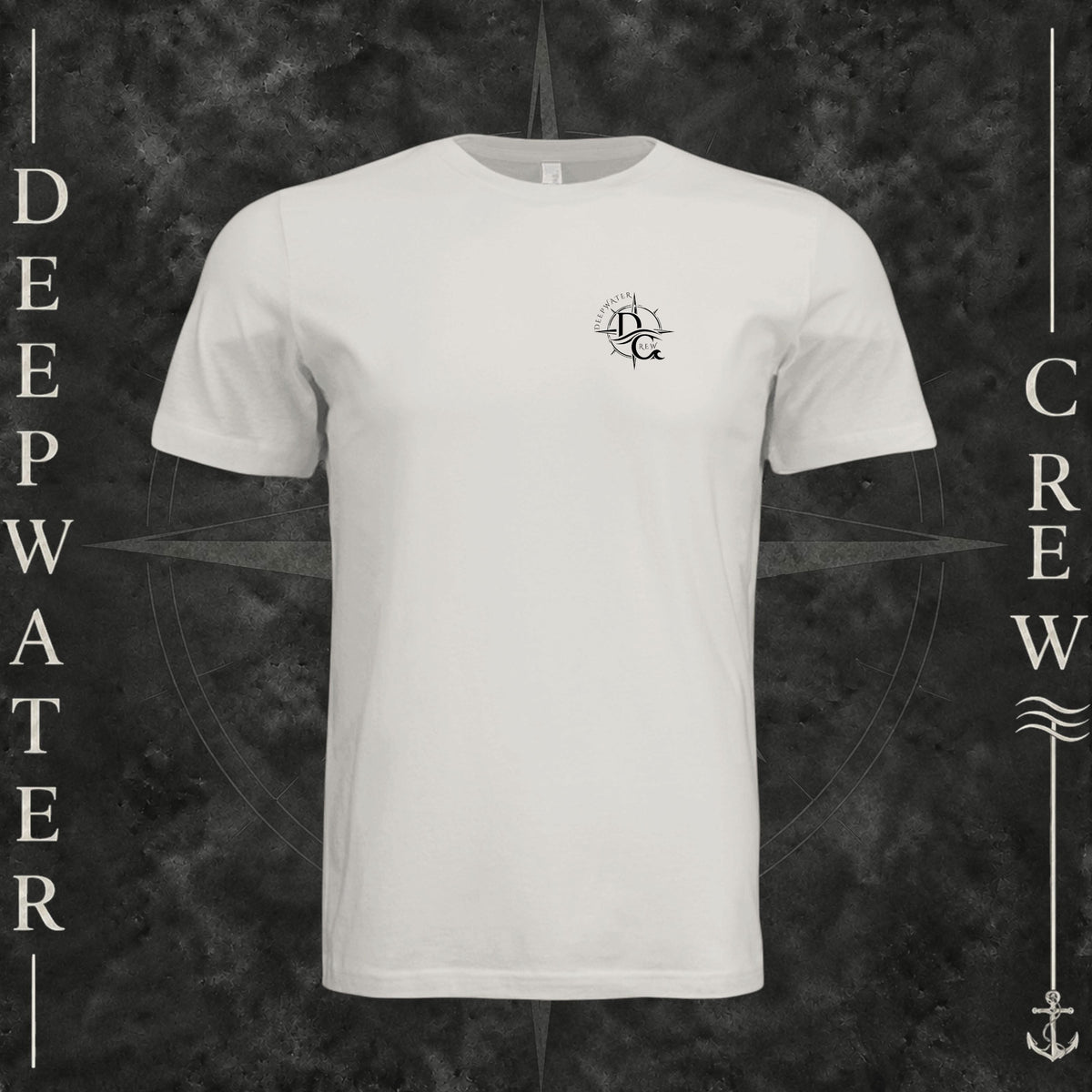 Vintage White Deepwater Crew Co. Fast & Free crewneck T-shirt, front view with small DC compass crest chest logo.
