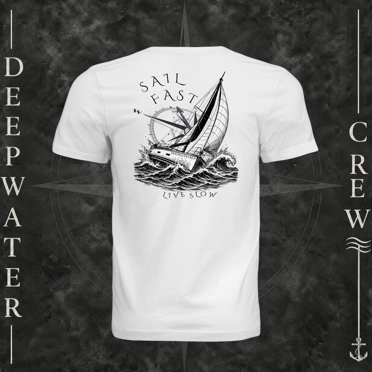 White Deepwater Crew Co. Fast & Free crewneck T-shirt, back view with large sailboat, ocean wave and compass graphic featuring “Sail Fast Live Slow” lettering.