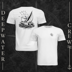 White Deepwater Crew Co. Fast & Free crewneck T-shirt showing front and back views, with small DC compass chest logo and large sailboat, ocean wave, and compass graphic featuring “Sail Fast Live Slow” lettering.