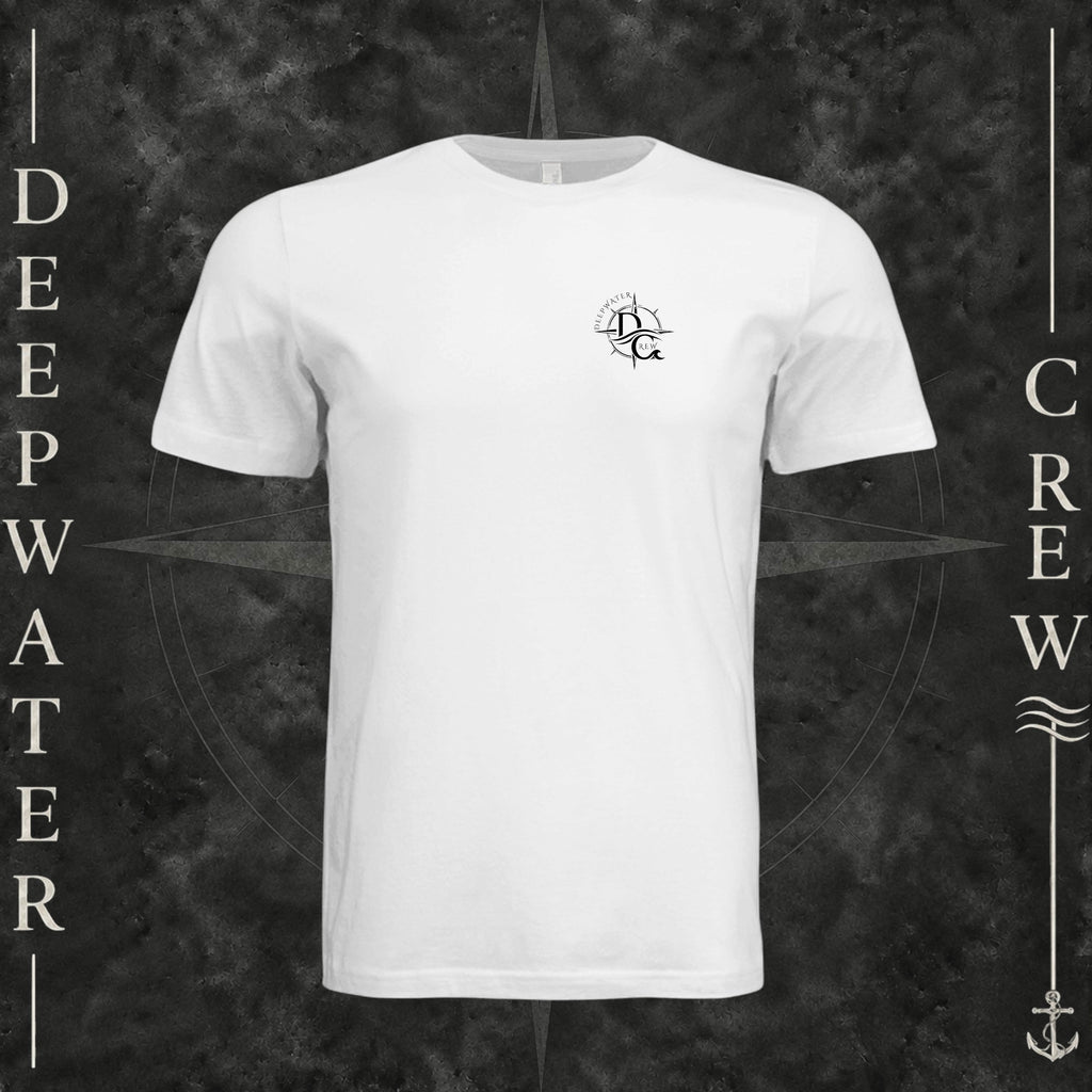 White Deepwater Crew Co. Fast & Free crewneck T-shirt, front view with small DC compass crest chest logo.