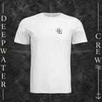 White Deepwater Crew Co. Fast & Free crewneck T-shirt, front view with small DC compass crest chest logo.