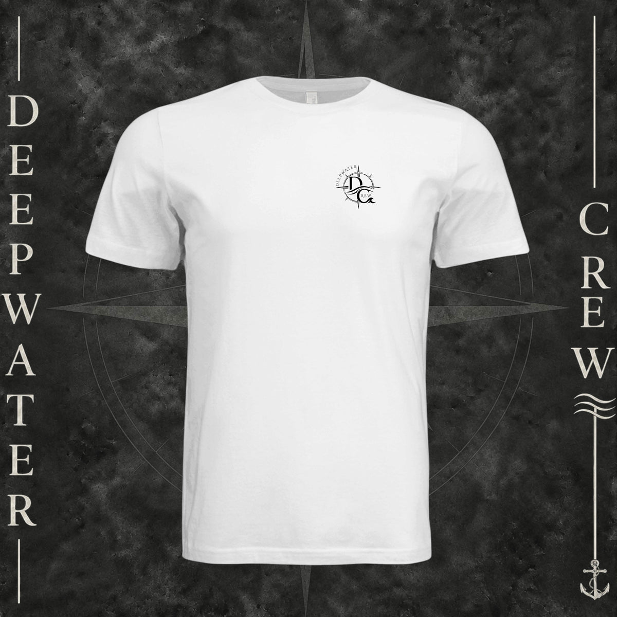 White Deepwater Crew Co. Fast & Free crewneck T-shirt, front view with small DC compass crest chest logo.
