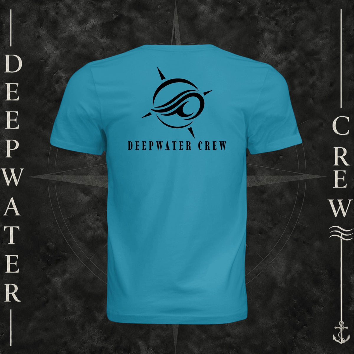 Aqua Deepwater Crew Co. Flagship crewneck T-shirt, back view with large compass-and-wave logo and Deepwater Crew lettering.