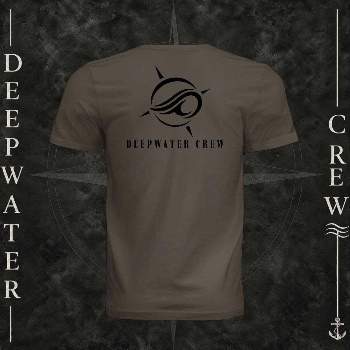 Army Deepwater Crew Co. Flagship crewneck T-shirt, back view with large compass-and-wave logo and Deepwater Crew lettering.