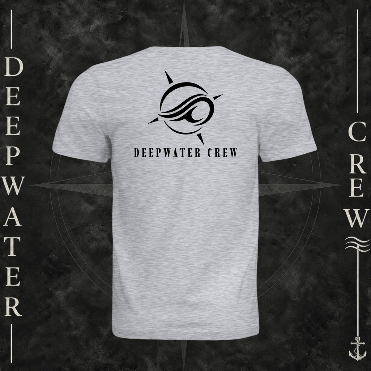 Ash Deepwater Crew Co. Flagship crewneck T-shirt, back view with large compass-and-wave logo and Deepwater Crew lettering.