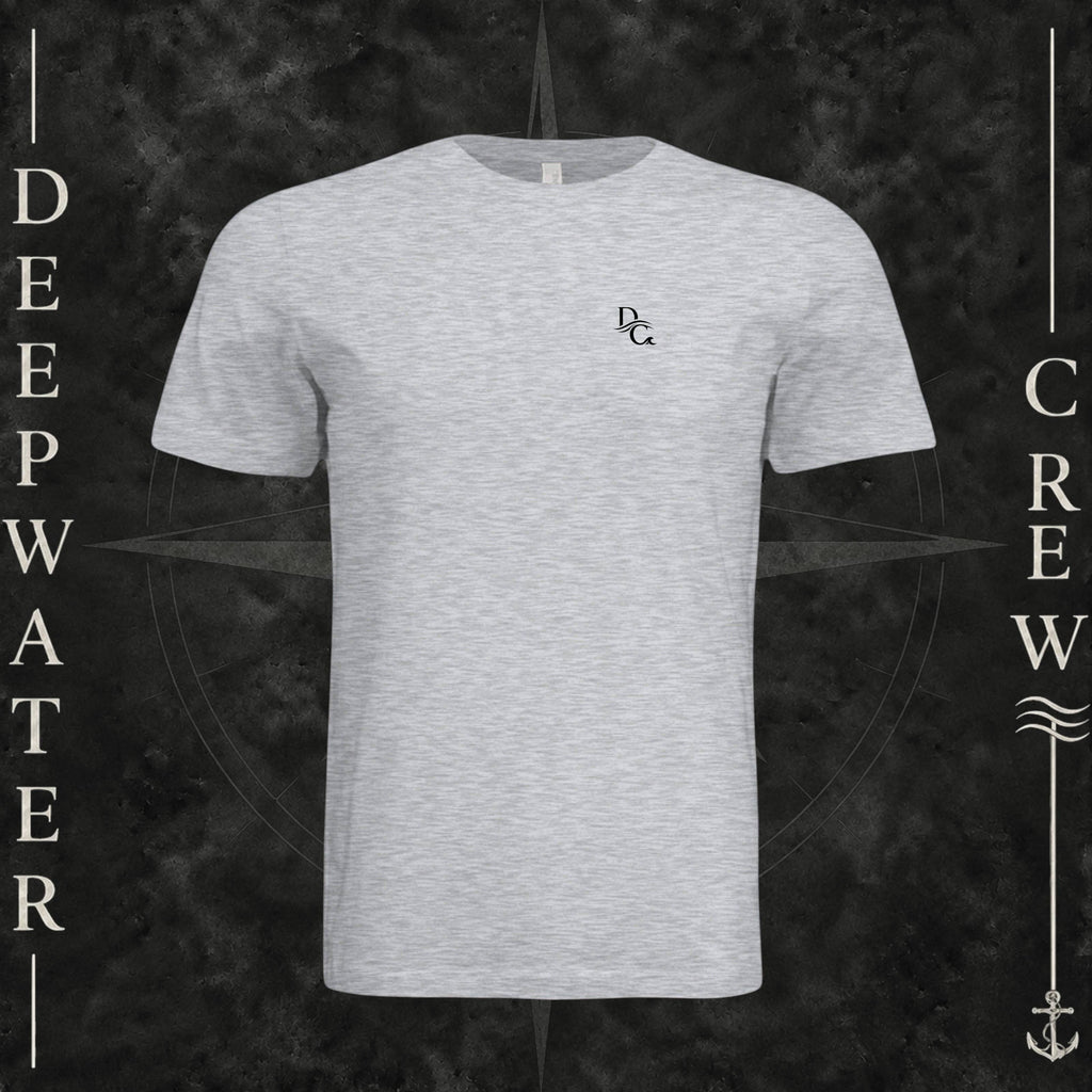 Ash Deepwater Crew Co. Flagship crewneck T-shirt, front view with small DC wave chest logo.