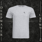 Ash Deepwater Crew Co. Flagship crewneck T-shirt, front view with small DC wave chest logo.