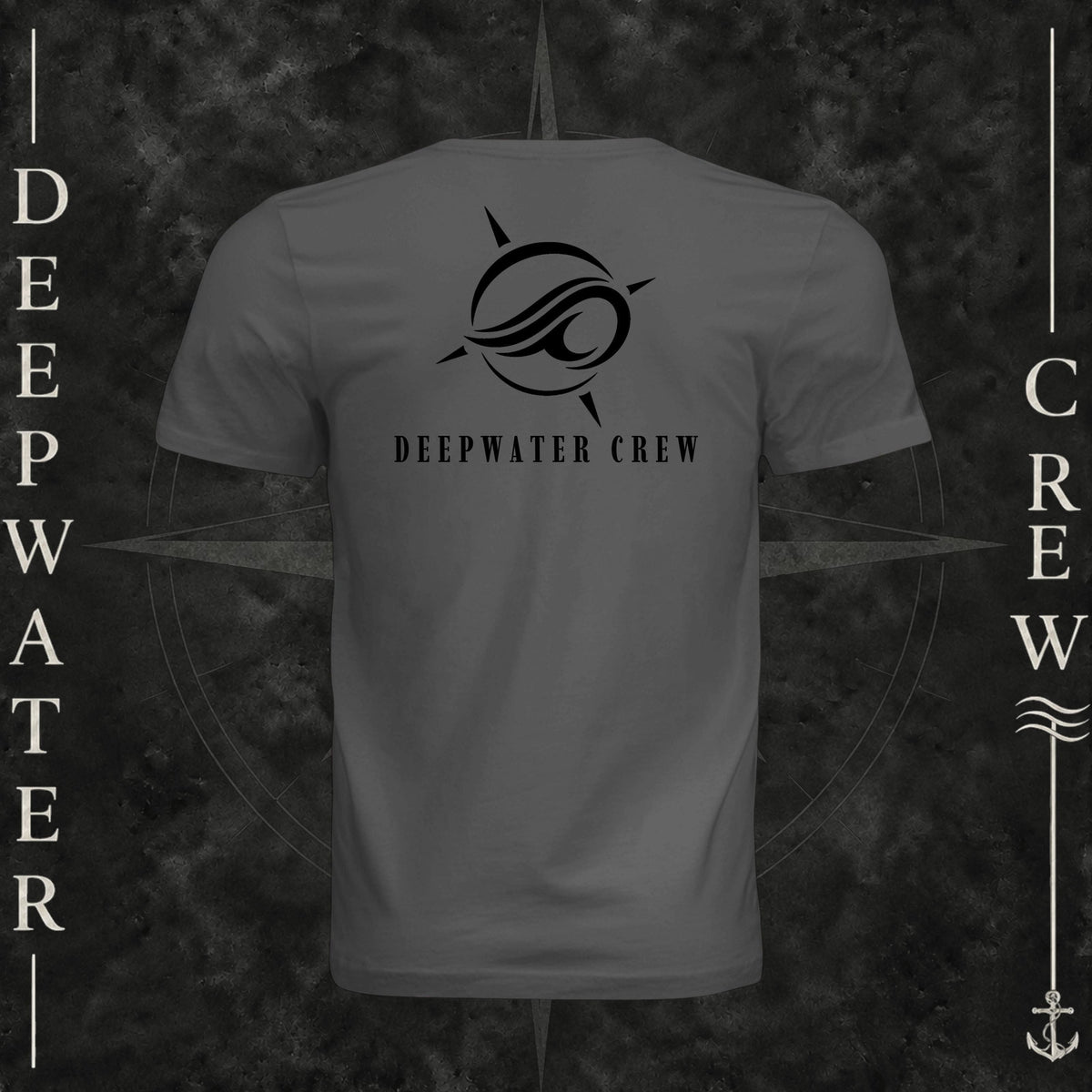 Asphalt Deepwater Crew Co. Flagship crewneck T-shirt, back view with large compass-and-wave logo and Deepwater Crew lettering.